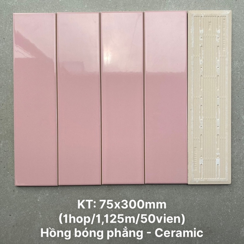 Gạch thẻ cao cấp hồng bóng phẳng KT 75x300mm PSTA75316