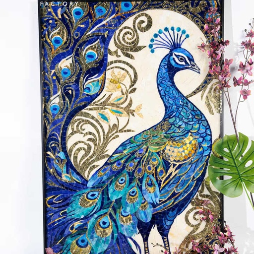 [106896464647] Tranh khảm đá và kính thiên nhiên thủ công họa tiết chim công trang trí tường biệt thự