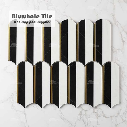 [105172131357] Gạch khảm đá cẩm thạch Bluwhale hình lông vũ cao cấp, màu trắng Thassos pha đen, mạ vàng, thép không gỉ, đồng thau